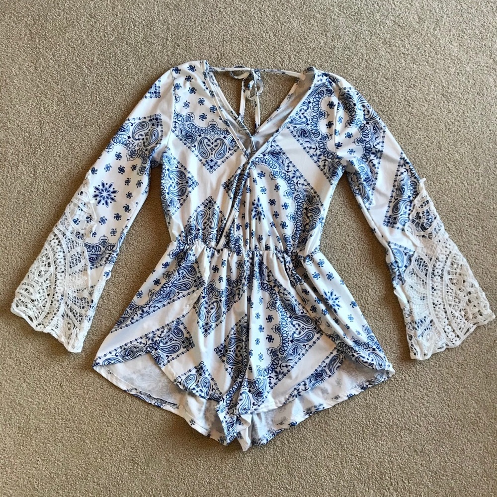 Romper, white and blue paisley